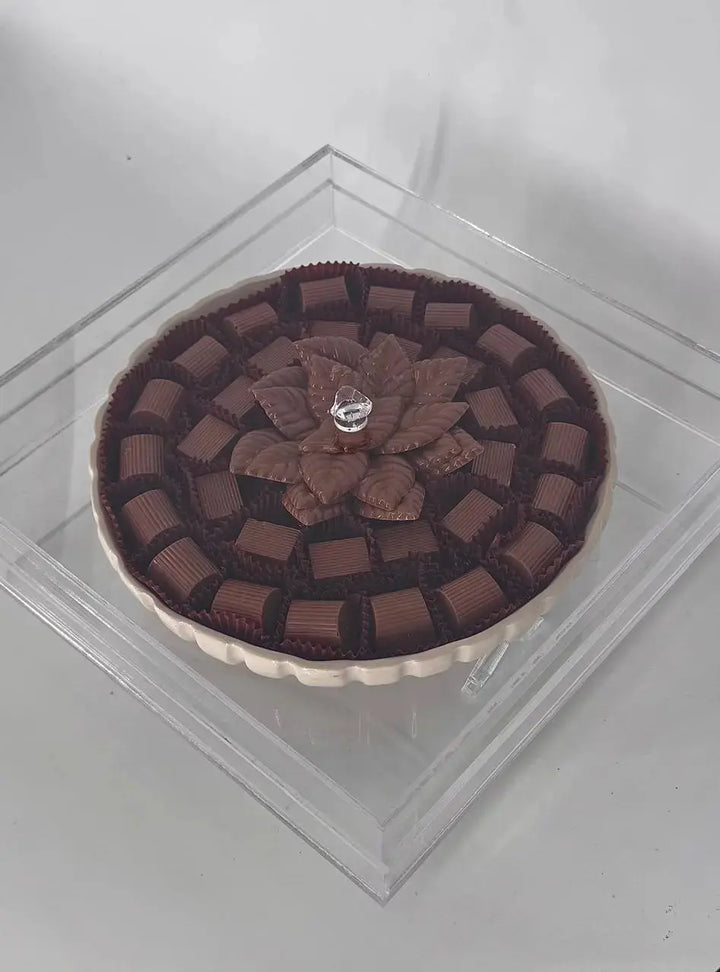 Belgian Flavors Stuffed Chocolate  Round With Base Poetry Plate With Acrylic Box 400 gm DANAT TAQUEEN