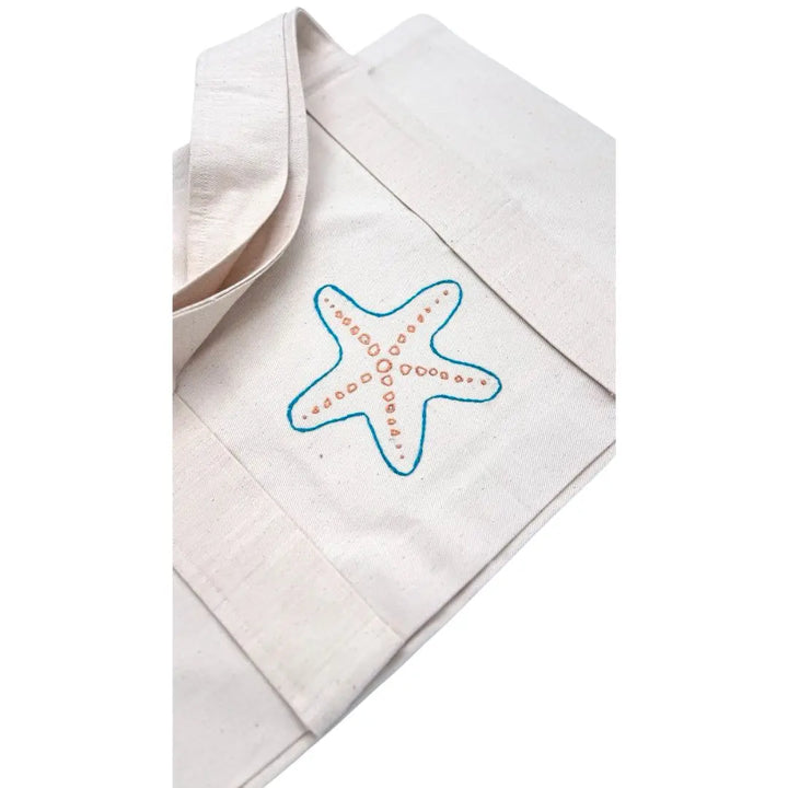 Sea Life Embroidered Cotton Beach Tote Bag FAN ALDARZA TAQUEEN