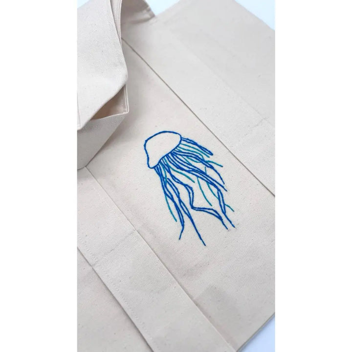 Sea Life Embroidered Cotton Beach Tote Bag FAN ALDARZA TAQUEEN